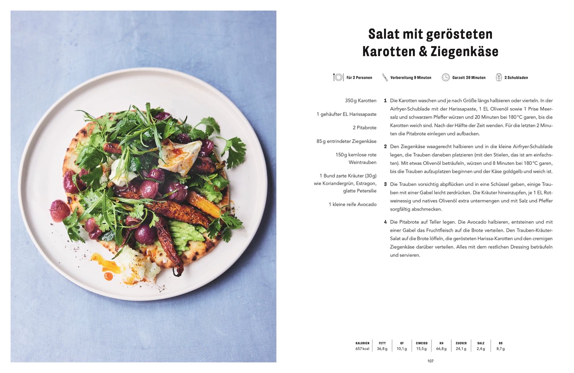 Genießen Sie einen Salat aus gerösteten Karotten, Grünzeug, Trauben und Ziegenkäse auf Fladenbrot - ideal für Airfryer-Liebhaber! Das Rezept aus "Easy Air Fryer" von Jamie Oliver (DK Verlag) ist auf der rechten Seite auf Deutsch abgebildet.