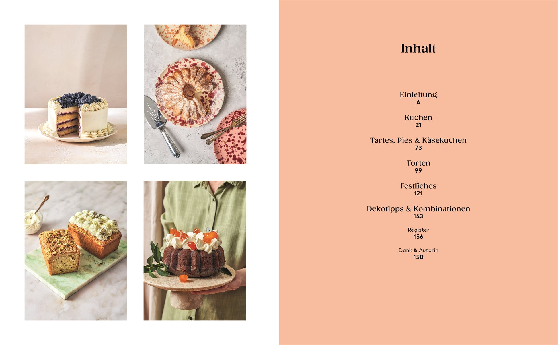 Auf der linken Seite sind vier Kuchen zu sehen - eine Beerenschichttorte, ein Gugelhupf mit Marmelade, ein Sahne-Pistazien-Brot und ein runder Kuchen mit Orangenüberzug. Rechts ist das Inhaltsverzeichnis von "Kleine Kuchen" aus dem DK Verlag zu sehen.