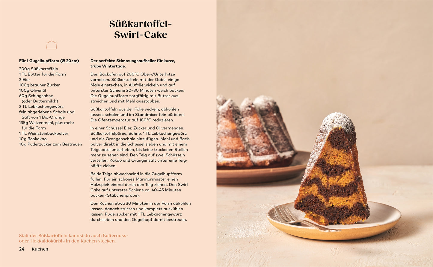 Eine Rezeptseite aus "Kleine Kuchen | 50 Rezepte für Mini-Kuchen, kleine Torten & mehr" vom DK Verlag zeigt links Zutaten und Anleitungen und rechts ein Foto einer mit Puderzucker bestäubten Mini-Kuchen-Schnitte.