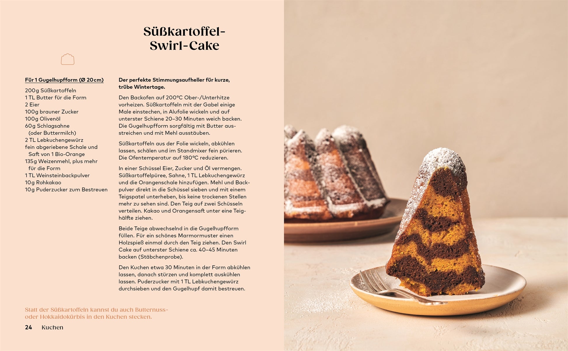 Eine Rezeptseite aus "Kleine Kuchen | 50 Rezepte für Mini-Kuchen, kleine Torten & mehr" vom DK Verlag zeigt links Zutaten und Anleitungen und rechts ein Foto einer mit Puderzucker bestäubten Mini-Kuchen-Schnitte.