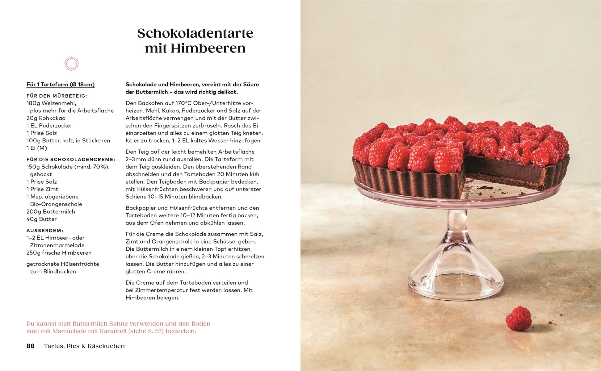 Eine Schokoladentorte mit Himbeeren steht auf einem rosafarbenen Tortenständer, eine Scheibe davor hebt vegane und glutenfreie Rezepte aus dem Buch "Kleine Kuchen | 50 Rezepte für Mini-Kuchen, kleine Torten & mehr" des DK Verlags vor einem hellrosa Hintergrund hervor.
