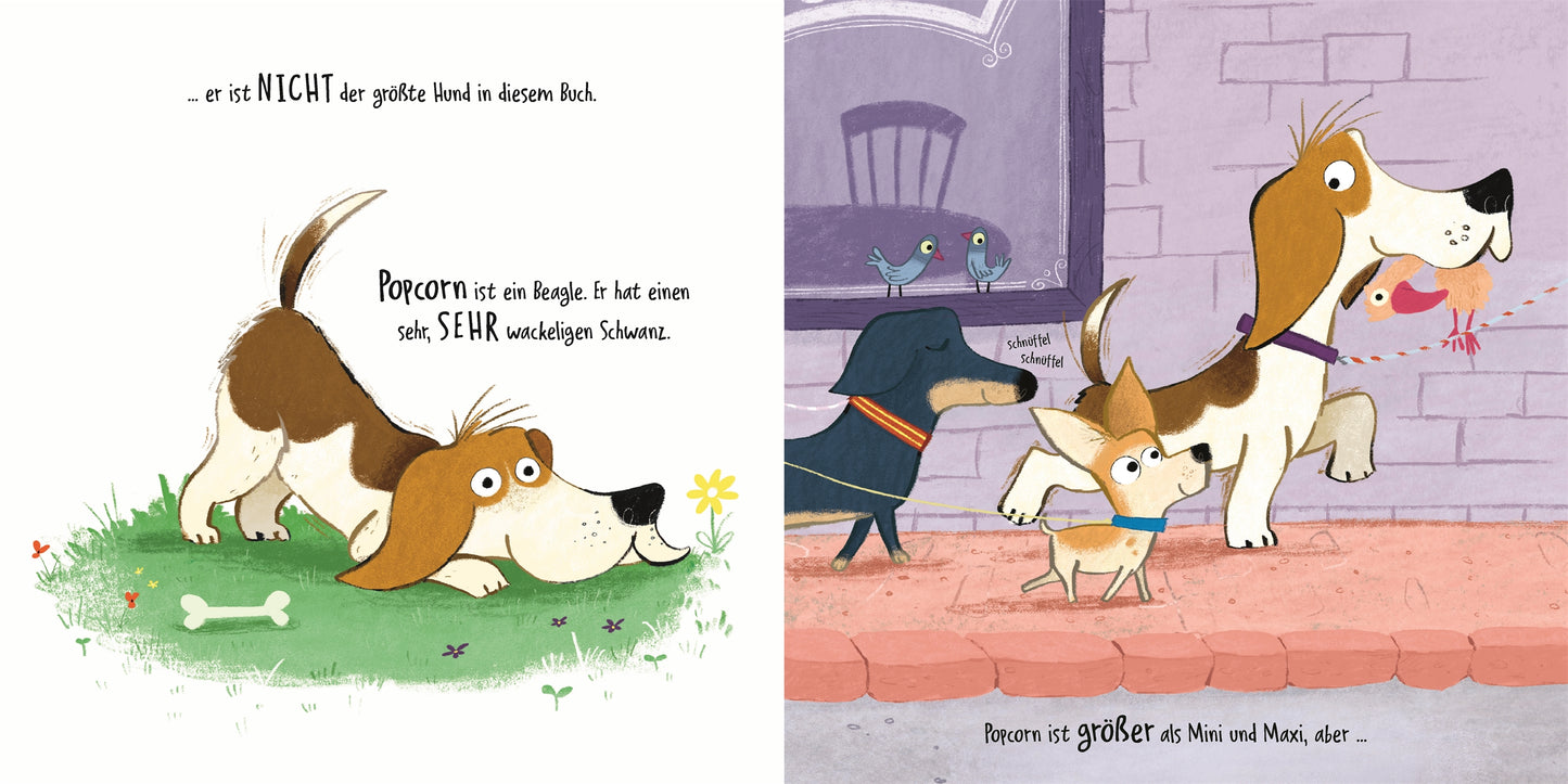 Wau, wau, WAU! Wer ist der größte Hund vom DK Verlag: Popcorn, der Basset Hound, spaziert mit Dackel und Chihuahua vor einer lila Wand. Perfekt für Kinder ab 3 Jahren und als Gute-Nacht-Geschichte geeignet.