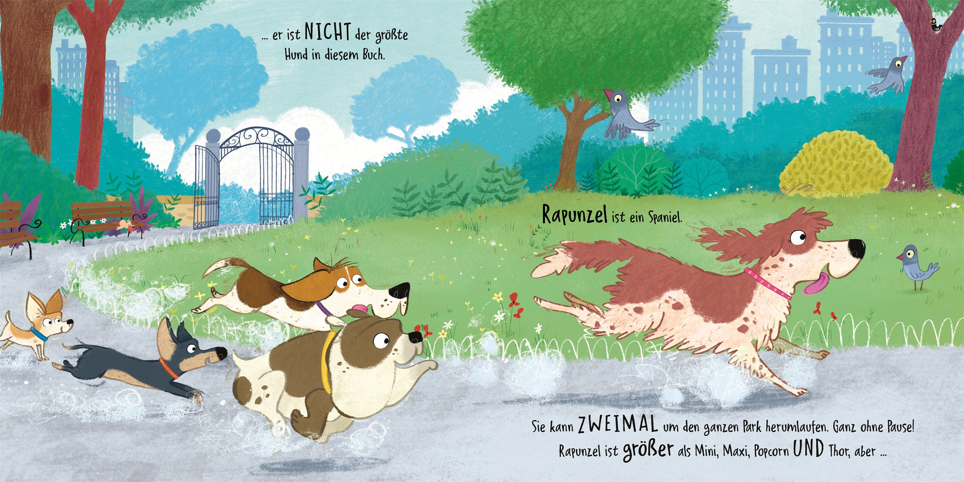 Ein großer, fröhlicher Hund mit braunen Flecken läuft vor mehreren kleineren Hunden im Park. Für Fans von "Wau, wau, WAU! Wer ist der größte Hund" vom DK Verlag, perfekt als Gute-Nacht-Geschichte ab 3 Jahren. Text auf Deutsch im Bild.