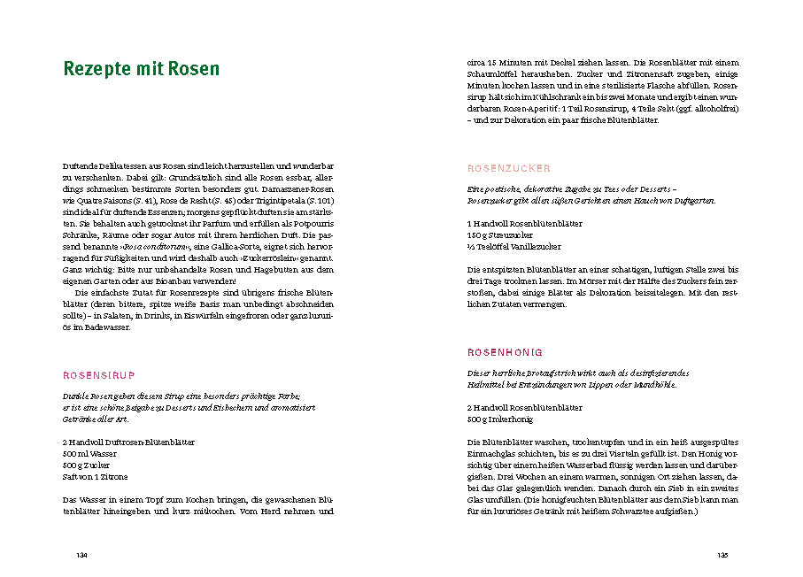 Eine Seite aus "Historische Rosen | fünfzig Rosensorten mit prachtvollen historischen Illustrationen" aus dem Dumont Verlag zeigt grün betitelte deutsche Rezepte für Rosensirup, Zucker und Honig sowie Informationen über Rosensorten und die Verwendung von Rosenblättern.