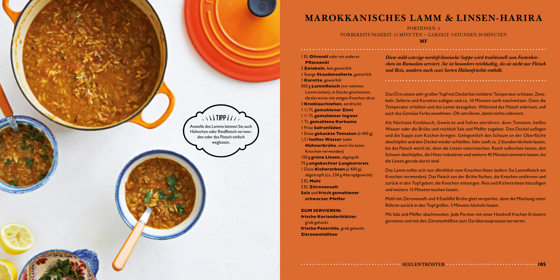 Eine Draufsicht auf marokkanische Lamm- und Linsensuppe mit Schöpfkelle, Schüssel, Zitronenscheiben, Koriander und einem deutschen Rezept aus LEON | Hundert Suppen vom Dumont Verlag - ideal für schnelle Suppen und kreative Suppenrezepte.