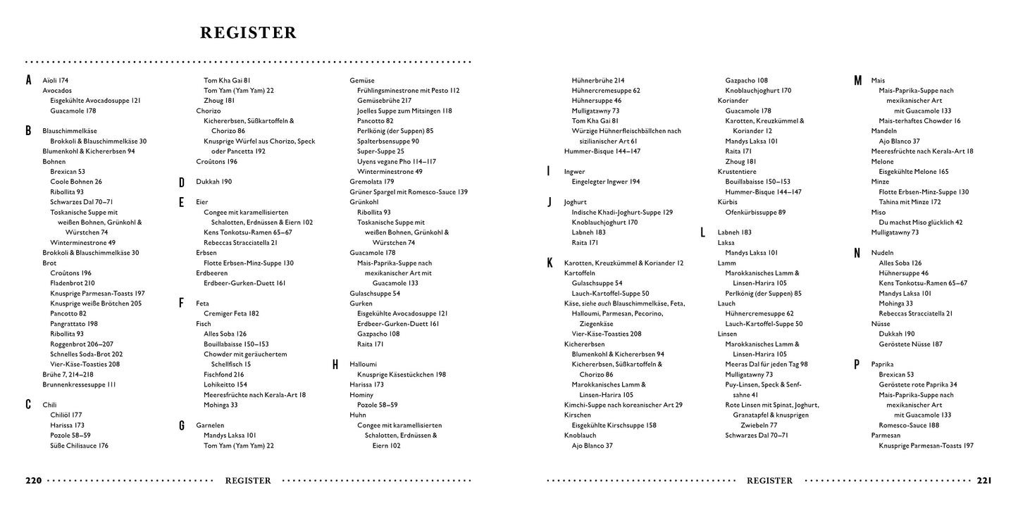 Eine Doppelseite mit dem Titel REGISTER aus LEON | Hundert Suppen des Dumont Verlags enthält einen alphabetischen Index, der Themen wie schnelle Suppen und Suppenrezepte mit den Seitenzahlen A bis P in schwarzer Schrift auf weißem Hintergrund auflistet.