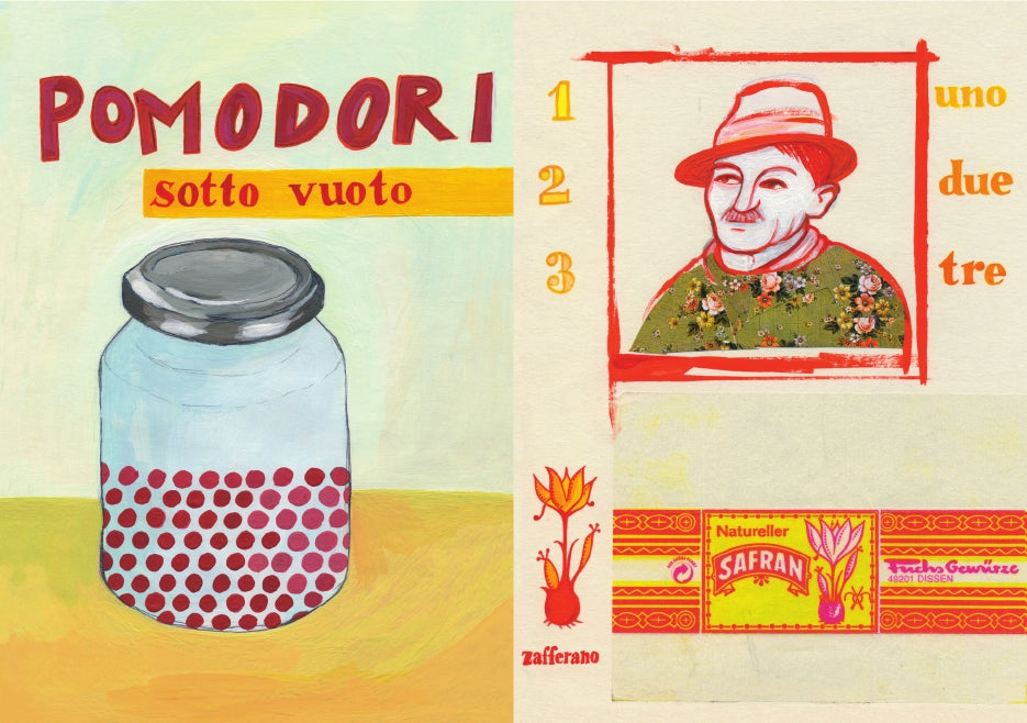 Illustration eines Glases mit der Aufschrift "POMODORI sotto vuoto", Zahlen und italienischen Wörtern sowie einem Safran-Etikett - perfekt für La nonna La cucina La vita vom Gerstenberg Verlag oder alle, die originelle italienische Familienrezepte lieben.