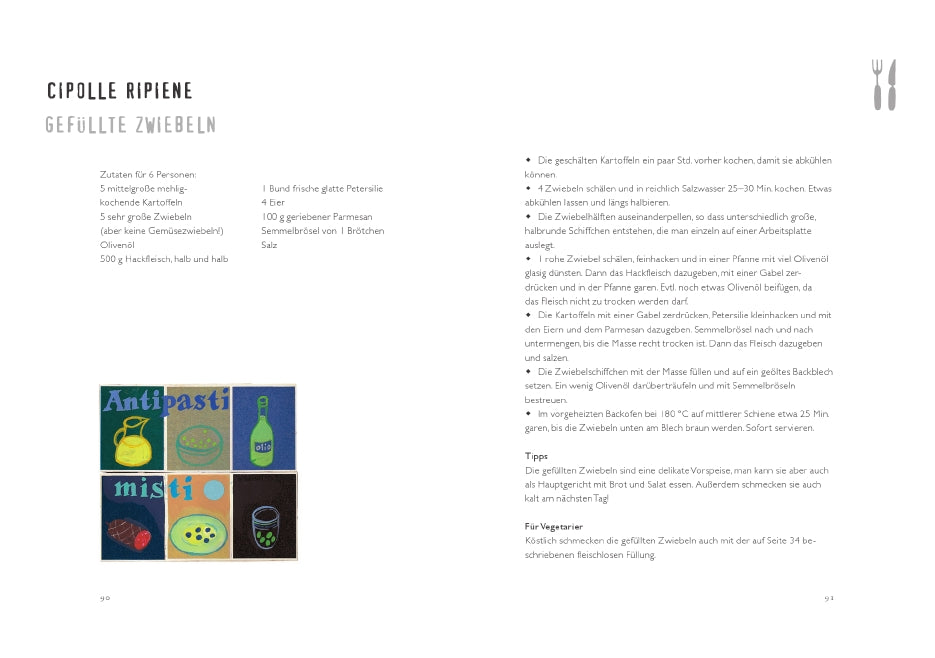 Rezeptseite für Cipolle Ripiene - Gefüllte Zwiebeln mit Zutaten und Anleitung auf Deutsch. Links eine bunte Illustration, inspiriert von "La nonna La cucina La vita" - Original italienische Familienrezepte (Gerstenberg Verlag).