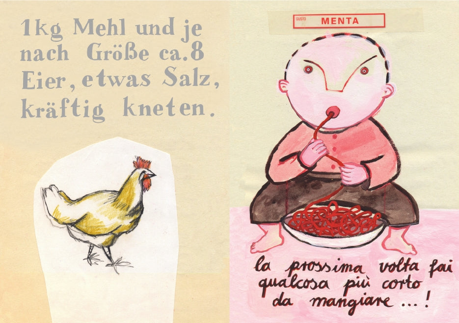 Links über einem Huhn steht ein deutsches Rezept, rechts isst ein Kind Spaghetti mit einer italienischen Beschriftung, die an La nonna La cucina La vita | Original italienische Familienrezepte des Gerstenberg Verlags erinnert.