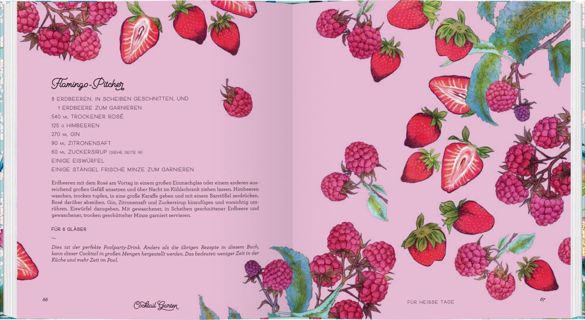 Ein offener "Cocktail Garten" des Gerstenberg Verlags zeigt auf rosafarbenem Hintergrund frische saisonale Cocktail-Rezepte mit Himbeeren, Erdbeeren, grünen Blättern und dem deutschen Flamingo Pitcher Rezept - ideal für kreative Obst und Gemüse Drinks.