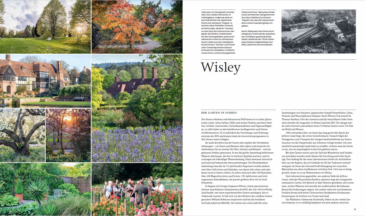 Eine Doppelseite der Zeitschrift Gärtnern aus Leidenschaft des Gerstenberg Verlags zeigt deutsche und englische Kolumnen über die Royal Horticultural Society und eine Collage von Gärten, Blumen, Bäumen, Gebäuden und Besuchern auf der linken Seite.