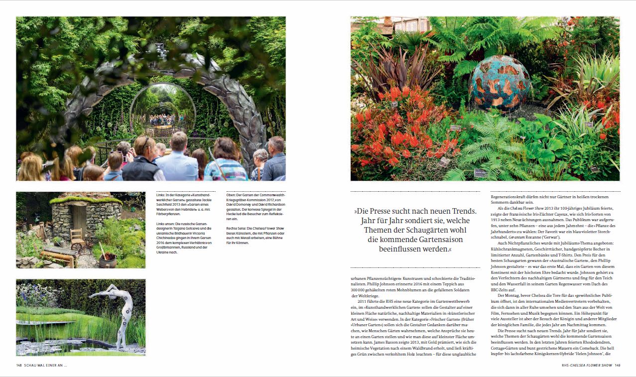 Eine Magazinstrecke zeigt "Gärtnern aus Leidenschaft" vom Gerstenberg Verlag: Menschen versammeln sich in der Nähe von Gartenkunst und Wasserspielen, während der deutsche Text auf der rechten Seite die Royal Horticultural Society hervorhebt.