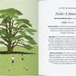 Eine illustrierte Doppelseite aus "Be More Tree | Wenn Bäume sprechen könnten" aus dem Gerstenberg Verlag zeigt eine Zeder mit weiten Ästen und Kindern in der Nähe. Auf der gegenüberliegenden Seite finden sich deutsche Fakten und Überlieferungen - ein ideales Geschenk für Baumliebhaber.