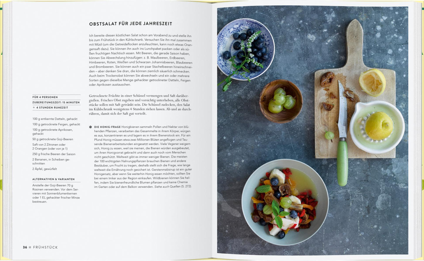 Eine Kochbuchseite aus "Vergnügt Vegan" vom Gerstenberg Verlag zeigt links ein deutsches veganes Obstsalatrezept und rechts ein Foto von Obstsalat, ganzen Früchten, Zitronenhälften und Beeren auf einem Holzbrett.