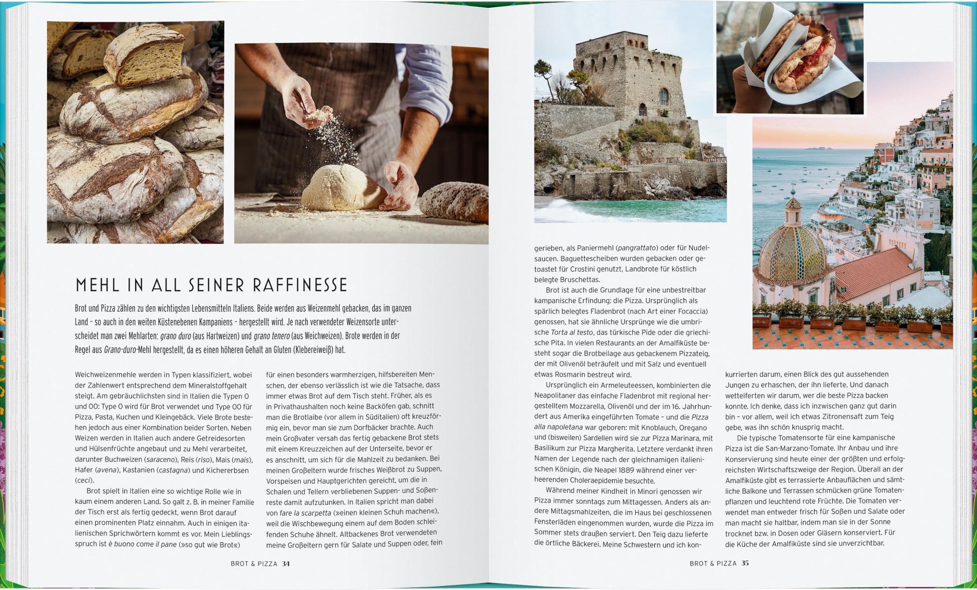 Ein Kochbuch mit rustikalem Brot, von Hand geschnittenen Broten, italienischen Küstenszenen, Sandwiches und lebhaften Cafés fängt die Essenz von "Die Küche von Amalfi | 75 authentische Rezepte" aus dem Gerstenberg Verlag ein - der deutsche Text hebt die Küche von Amalfi hervor.