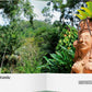 Eine steinerne Statue mit Kopfschmuck steht inmitten tropischer Pflanzen in den Botanischen Gärten von Belize, die in "Botanische Gärten | Die schönsten Pflanzenparadiese der Welt" des Gerstenberg Verlags unter einem teilweise bewölkten Himmel vorgestellt werden.