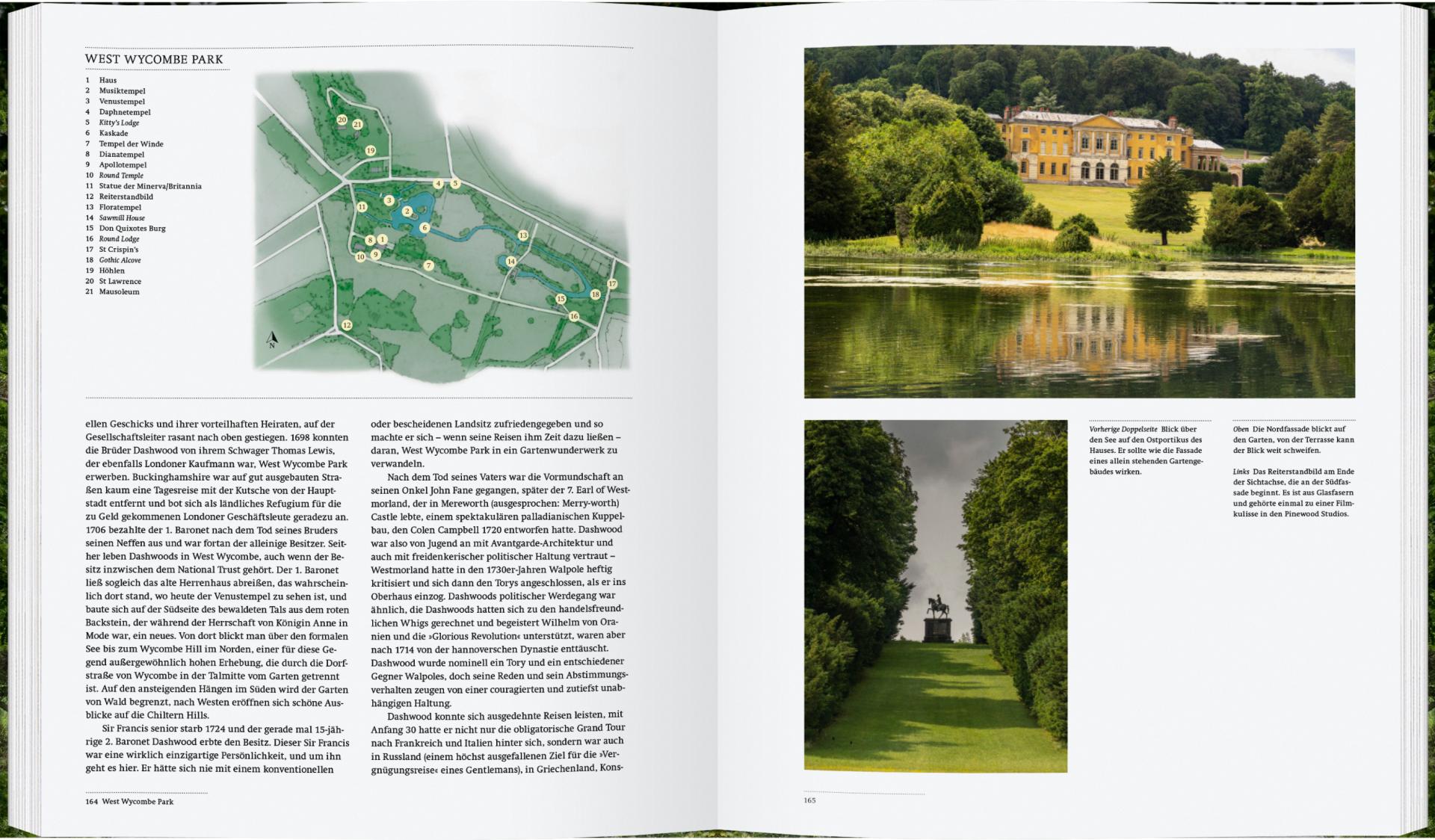 Eine Doppelseite in den Englischen Landschaftsgärten des Gerstenberg Verlags zeigt eine Karte von West Wycombe Park, einen beschreibenden Text und zwei Fotos: ein herrschaftliches Haus am See und von Bäumen gesäumte Wege, die zu einer entfernten Statue führen.