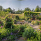 Ein sonnendurchfluteter englischer Cottage-Garten mit blühenden Blumenbeeten, einer Steinterrasse und einem Gewächshaus am Hang aus dem Buch Die schönsten Cottage-Gärten Englands, das klassische englische Gartengestaltung präsentiert.