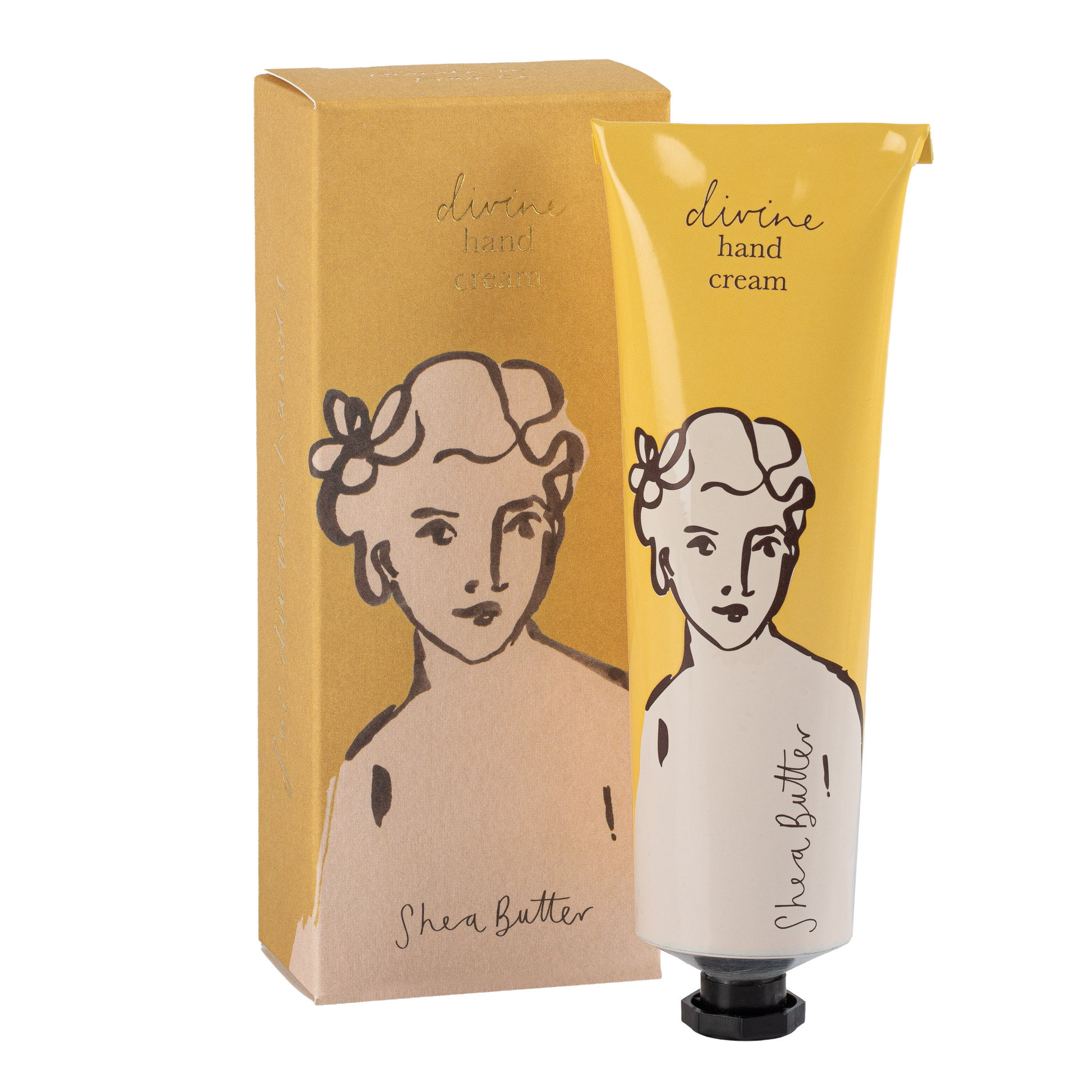 Eine gelb-weiße Tube Archivist Gallery | 'Sheabutter' Handcreme steht neben der dazugehörigen Schachtel. Beide zeigen eine minimalistische Strichzeichnung eines Frauengesichts und eines Oberkörpers.