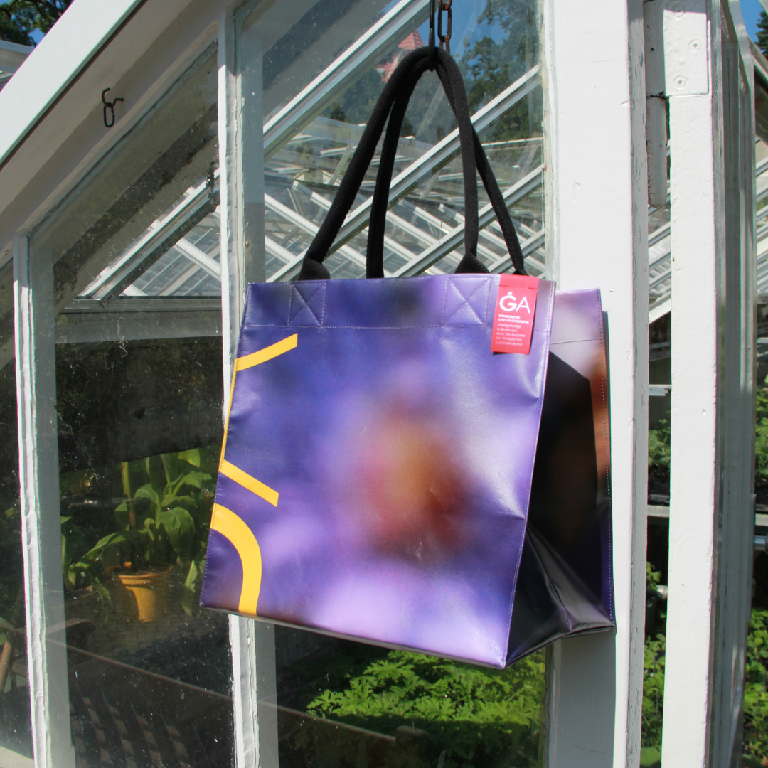 Die Upcycling Tasche 'Aster' aus Werbeplane von Königliche Gartenakademie mit lila-gelbem abstraktem Muster hängt an der weißen Gewächshaustür. Das Sonnenlicht beleuchtet die Tasche, während die Pflanzen in der Königlichen Gartenakademie gedeihen.