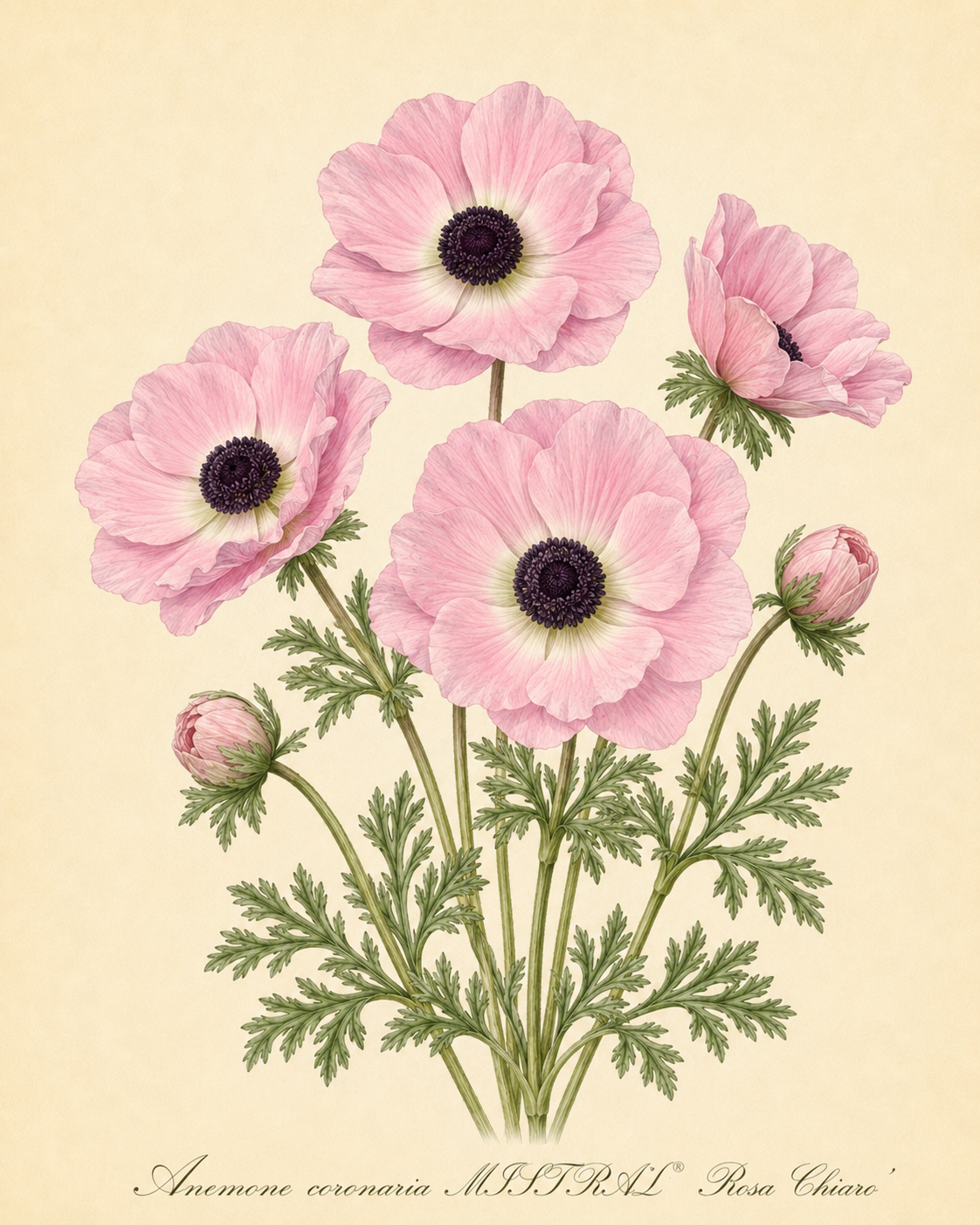 Botanische Illustration von fünf rosa Blüten der Anemone coronaria MISTRAL® ‚Rosa Chiaro‘ mit großen Blüten und grünen Blättern auf cremefarbenem Hintergrund. Der Text unten lautet „Anemone coronaria MISTRAL® ‚Rosa Chiaro‘ – Italienische Kronen-Anemone“ von Sam van Schooten und hebt diese insektenfreundliche Sorte hervor.