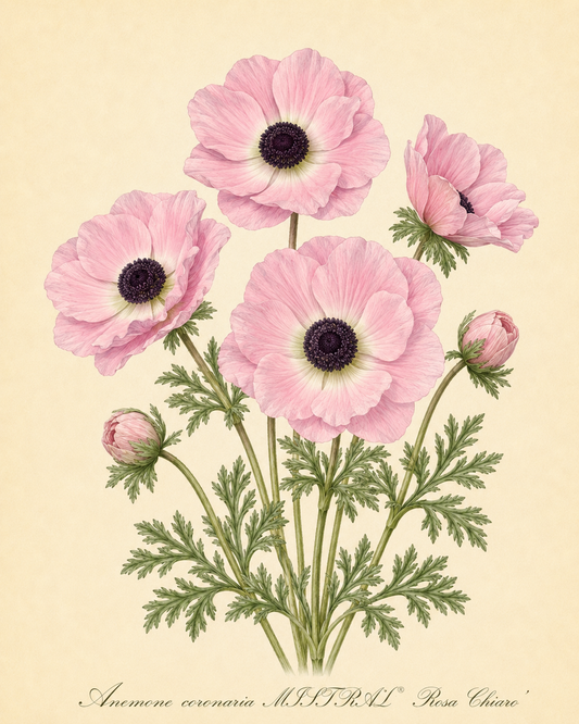 Botanische Illustration von fünf rosa Blüten der Anemone coronaria MISTRAL® ‚Rosa Chiaro‘ mit großen Blüten und grünen Blättern auf cremefarbenem Hintergrund. Der Text unten lautet „Anemone coronaria MISTRAL® ‚Rosa Chiaro‘ – Italienische Kronen-Anemone“ von Sam van Schooten und hebt diese insektenfreundliche Sorte hervor.