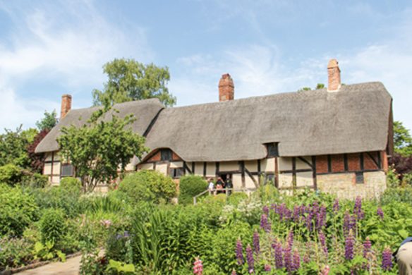 Inspiriert von "Gärtnern wie Gott in England" aus dem Callwey Verlag, stellen Sie sich ein traditionelles englisches Cottage mit Strohdach, sichtbarem Fachwerk und einem üppigen Garten mit grünen Pflanzen und violetten Blumen unter blauem Himmel vor.