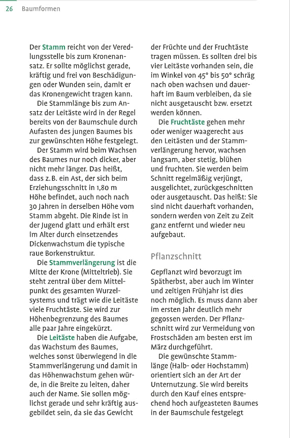 Eine Seite aus dem "1x1 des Obstbaumschnitts" des Verlags Eugen Ulmer behandelt Baumformen und Schnitttipps unter dem Titel "Baumformen". In den Absätzen sind die Schlüsselwörter grün hervorgehoben, die Seite ist mit 26 nummeriert und es gibt keine Bilder oder Illustrationen.