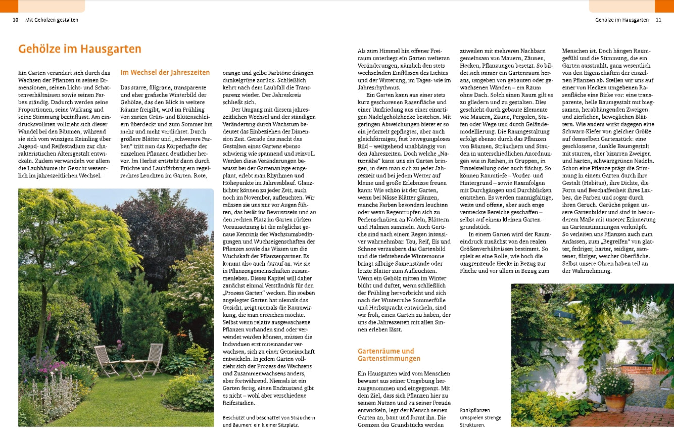Ein Magazin präsentiert einen üppigen Garten mit Bäumen, Sträuchern und einer gemütlichen Sitzecke. Das Buch "Gehölze von A-Z | Eine große Vielfalt an Bäumen und Sträuchern für den Garten" aus dem Ulmer Verlag bietet Anregungen für die Gartengestaltung.