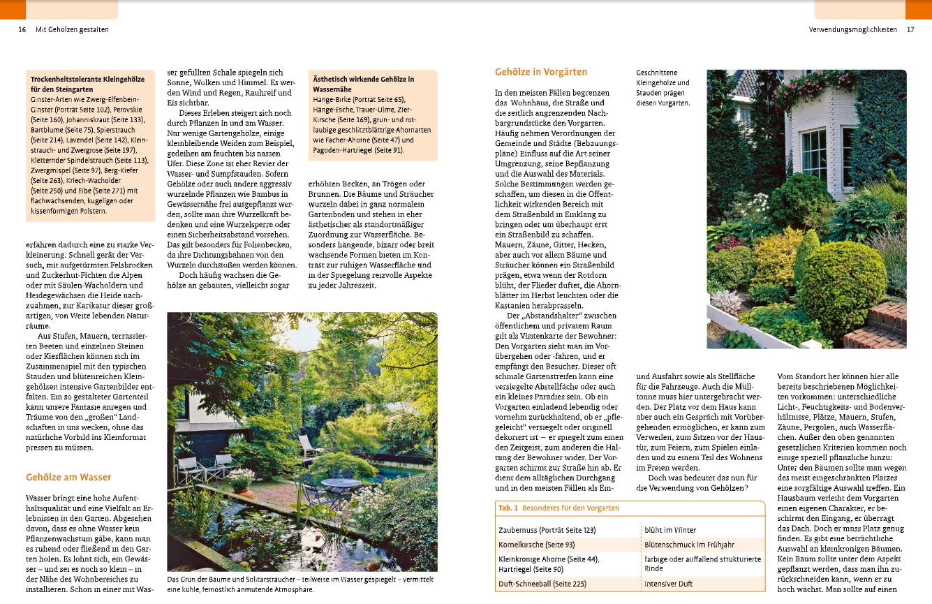 Eine Magazinstrecke aus dem Ulmer Verlag zeigt üppige Gartenfotos, einen Teich mit Sitzgelegenheiten und ein mit Kletterpflanzen geschmücktes Haus. Orangefarbene Kästen zeigen Gehölze von A-Z: eine große Vielfalt an Bäumen und Sträuchern für den Garten.