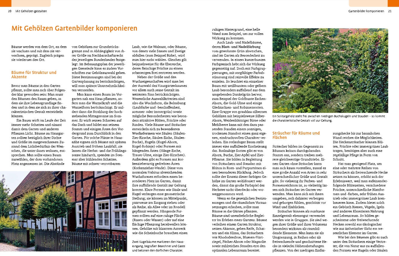 Eine deutsche Zeitschrift über Gartengestaltung präsentiert "Gehölze von A-Z" aus dem Ulmer Verlag. Sie zeigt ein rotes Backsteinhaus mit Gartenzaun und gegenüber eine üppige Mischung aus Bäumen und Sträuchern, die dicht mit Stauden und Blumen bepflanzt sind.