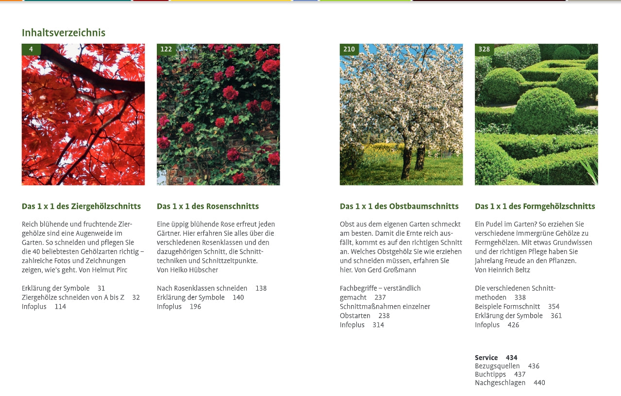 Das Handbuch Pflanzenschnitt aus dem Verlag Eugen Ulmer bietet ein Inhaltsverzeichnis mit Rubriken und Fotos: Rosenschnitt (blühende rote Rosen), Gehölzschnitt (rote Ahornblätter), Obstbäume schneiden und Formschnitt.
