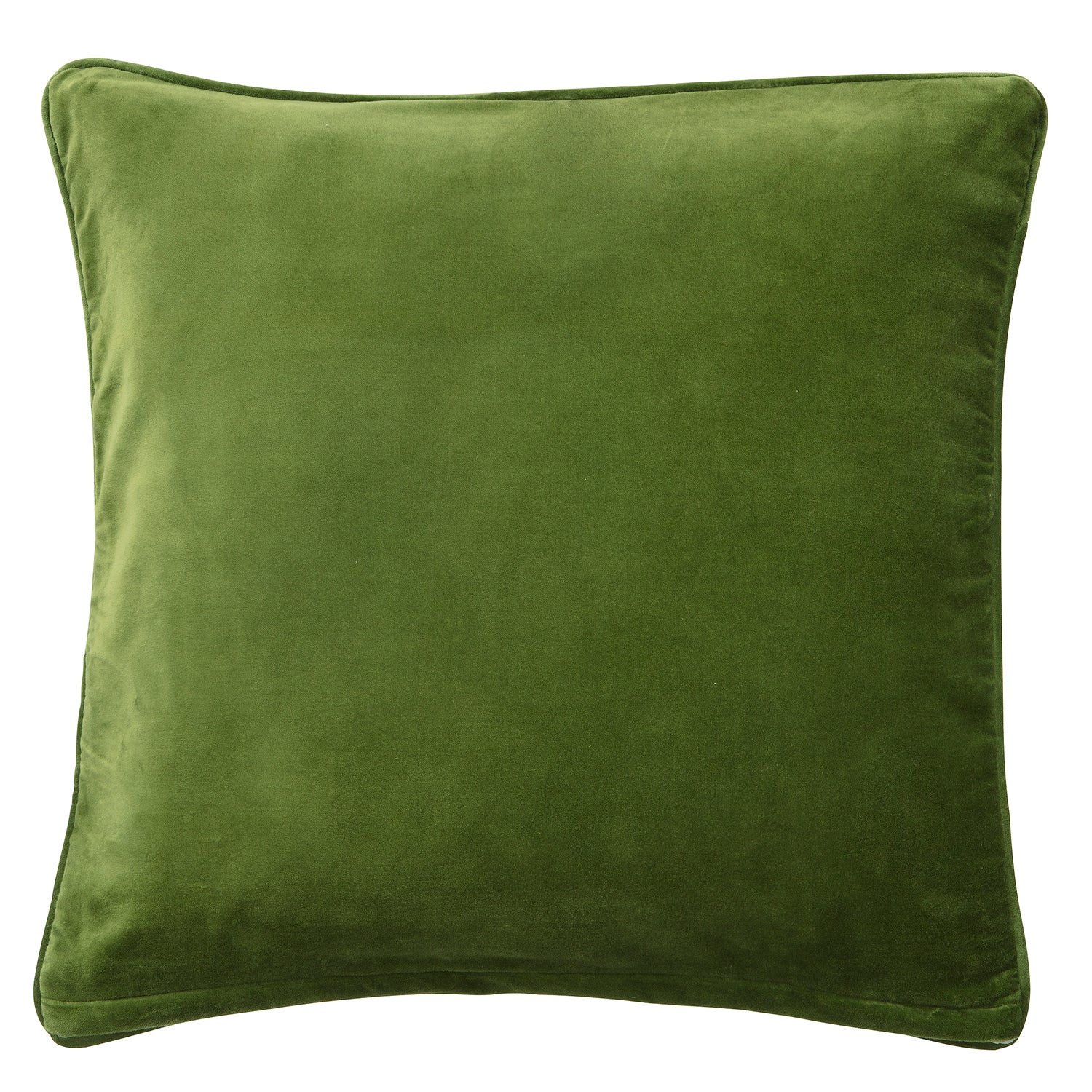 Die Bungalow Kissenhülle Samt 'Fern' ist ein grüner Samtbezug mit glatter, plüschiger Textur und leicht geschwungenen Rändern, Größe 50 x 50 cm, abgebildet auf weißem Hintergrund.