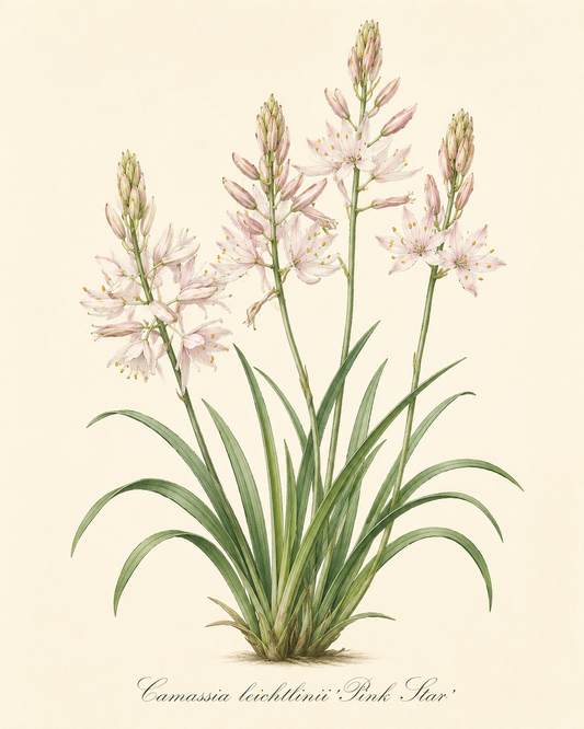 Botanische Illustration von Camassia leichtlinii ‚Pink Star‘ – Leichtlins Prärielilie von Verberghe, mit grünen, riemenartigen Blättern und hohen Blütenstielen, die von Büscheln zarter, blassrosa, sternförmiger Blüten vor cremefarbenem Hintergrund gekrönt werden – eine atemberaubende Wahl für jedes Staudenbeet und perfekt zum Einwachsen oder Verwildern im Garten.