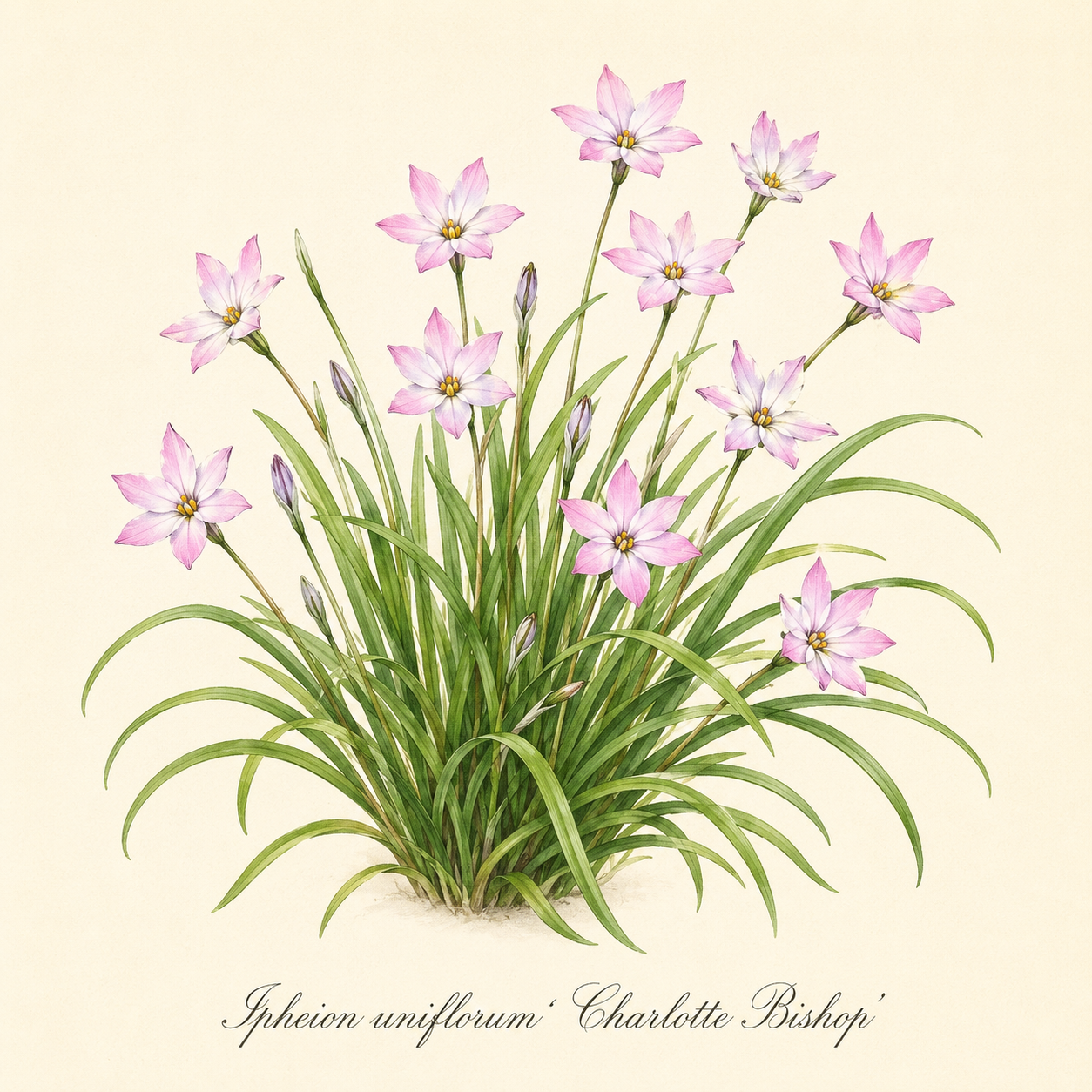 Botanische Illustration von Ipheion uniflorum ‚Charlotte Bishop‘ – Einblütiger Frühlingsstern von Verberghe, dargestellt mit einem Büschel langer grüner Blätter und zartrosa, sternförmigen Blüten mit gelben Zentren – eine herausragende Sorte, die wegen ihrer robusten Zwiebeln und ihrer Fähigkeit, an trockenen Standorten gut zu gedeihen, geschätzt wird.