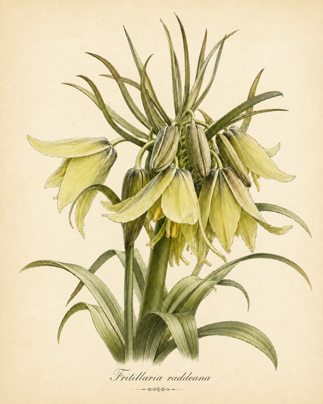 Botanische Illustration von Fritillaria raddeana – Zwerg-Kaiserkrone von Weijers, einer frühblühenden Sorte mit grünlich-gelben, glockenförmigen Blüten an kräftigen Blütenstielen und langen, schlanken Blättern vor einem beigen Hintergrund. Blütezeit: April–Mai.
