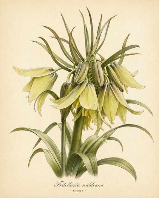 Botanische Illustration von Fritillaria raddeana – Zwerg-Kaiserkrone von Weijers, einer frühblühenden Sorte mit grünlich-gelben, glockenförmigen Blüten an kräftigen Blütenstielen und langen, schlanken Blättern vor einem beigen Hintergrund. Blütezeit: April–Mai.