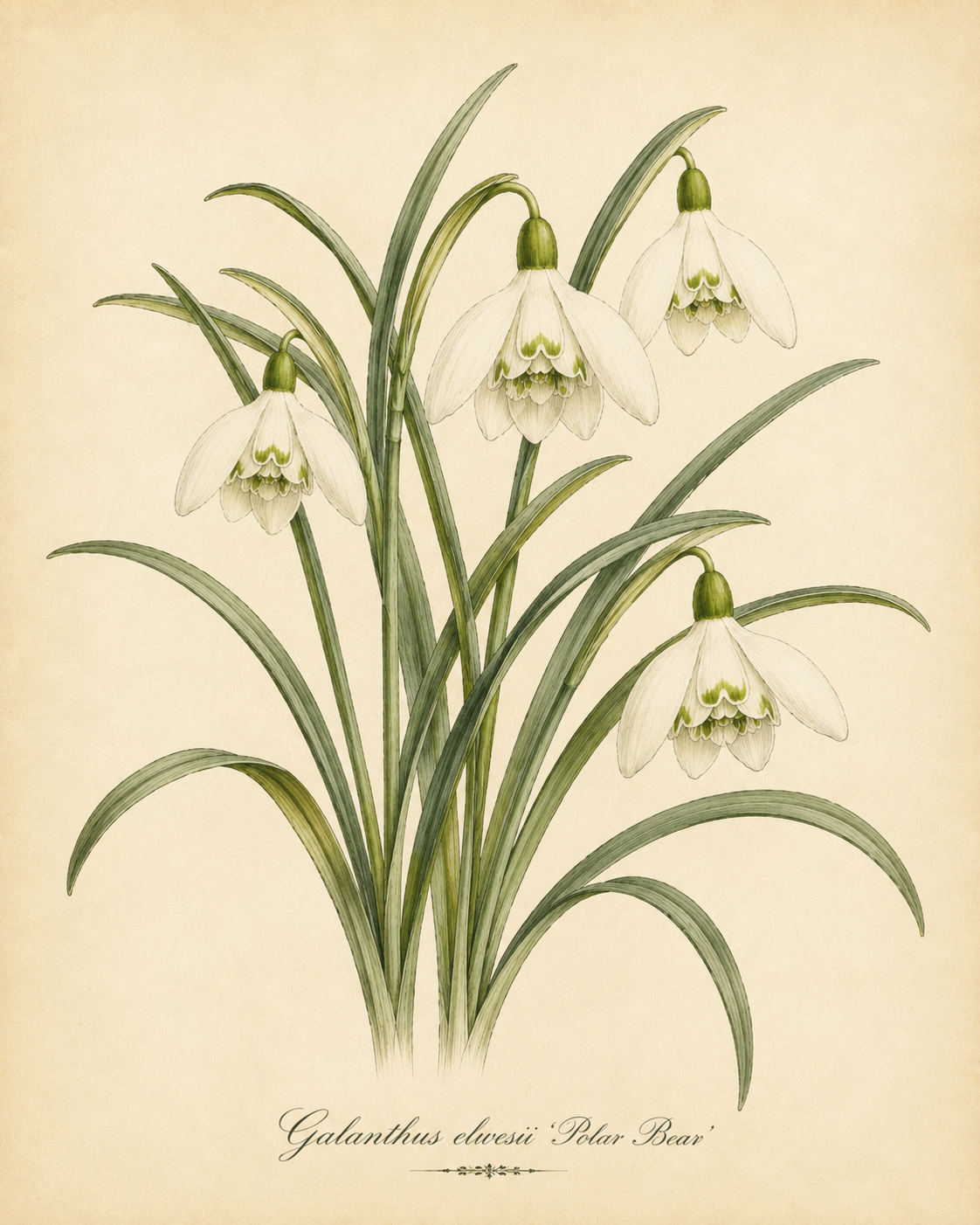 Botanische Illustration von vier herabhängenden Blüten der Sorte „Polar Bear“ (Elwes-Schneeglöckchen, Galanthus elwesii) von Weijers, die ihre eleganten weißen Blüten mit zarten grünen Markierungen und langen, schlanken grünen Blättern vor einem strukturierten, hellcremefarbenen Pergamenthintergrund zeigt.