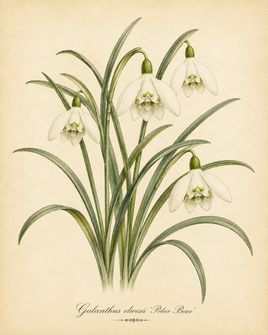 Botanische Illustration von vier herabhängenden Blüten der Sorte „Polar Bear“ (Elwes-Schneeglöckchen, Galanthus elwesii) von Weijers, die ihre eleganten weißen Blüten mit zarten grünen Markierungen und langen, schlanken grünen Blättern vor einem strukturierten, hellcremefarbenen Pergamenthintergrund zeigt.