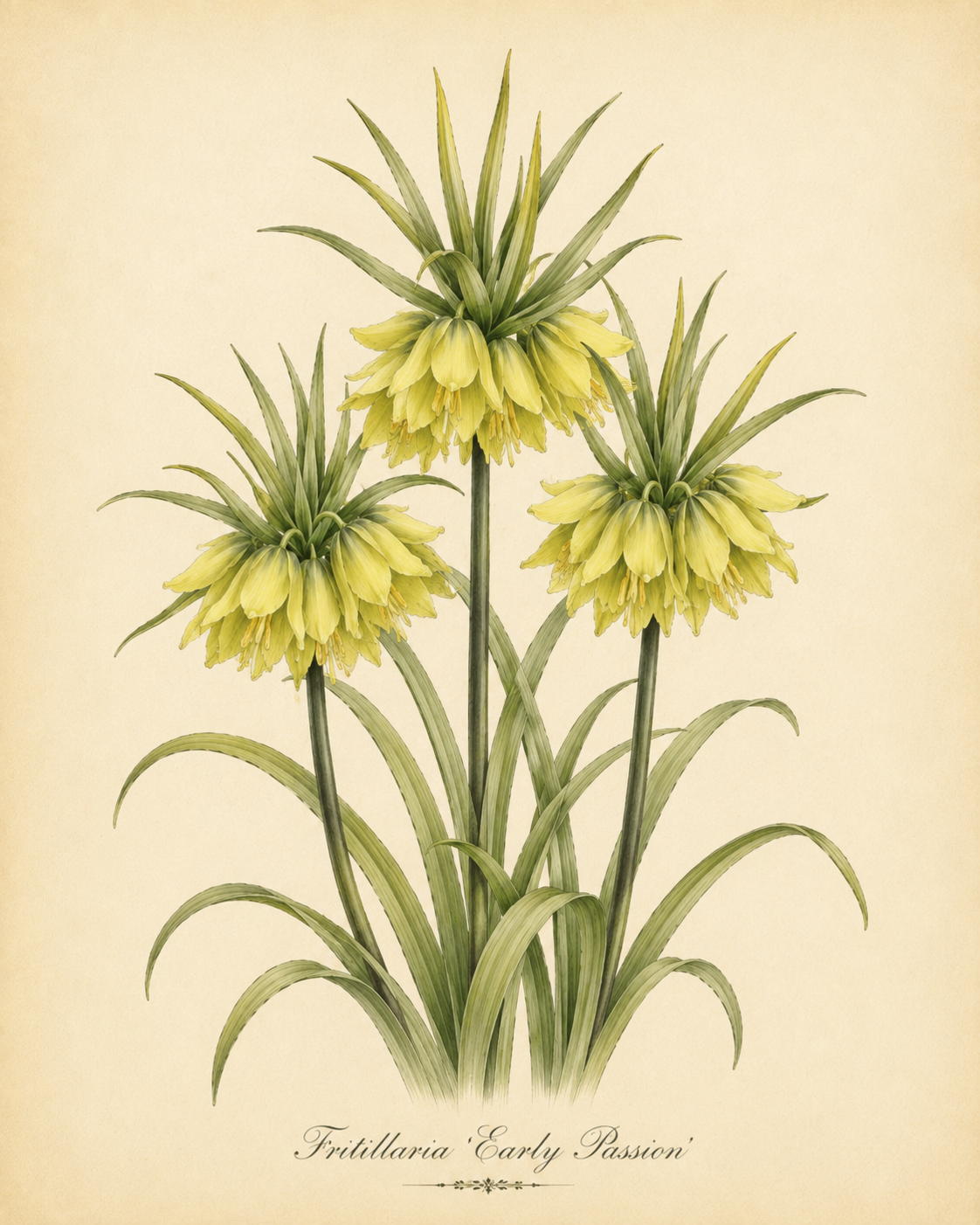 Botanische Illustration von drei frühblühenden, gelben Fritillaria ‚Early Passion‘ – Gelbe Kaiserkrone – von Weijers, dargestellt mit langen grünen Blättern auf beigem Hintergrund. Der Name ist in eleganter Schreibschrift unterhalb der Pflanzen zu sehen und erinnert an den klassischen Stil der Kaiserkrone.