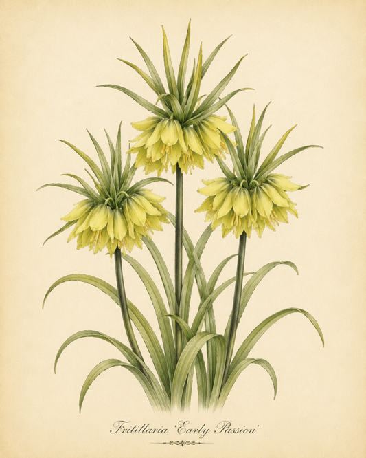 Botanische Illustration von drei frühblühenden, gelben Fritillaria ‚Early Passion‘ – Gelbe Kaiserkrone – von Weijers, dargestellt mit langen grünen Blättern auf beigem Hintergrund. Der Name ist in eleganter Schreibschrift unterhalb der Pflanzen zu sehen und erinnert an den klassischen Stil der Kaiserkrone.