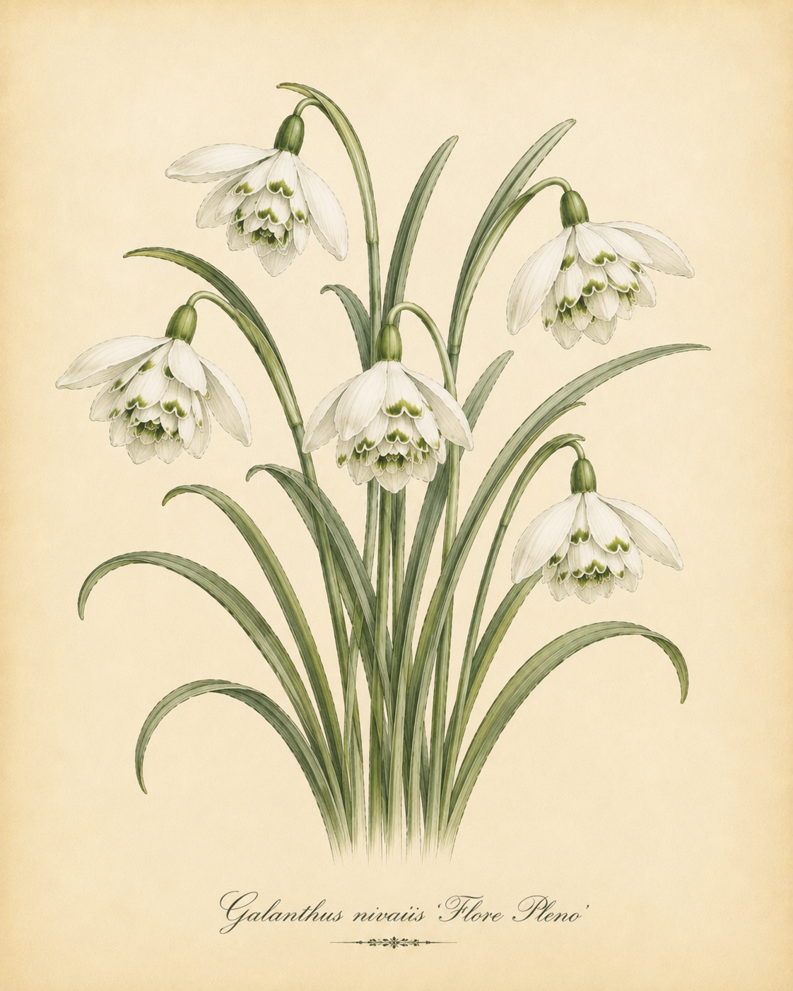 Botanische Illustration von Galanthus nivalis ‚Flore Pleno‘ – Gefülltes Schneeglöckchen – aus dem Werk von Weijers, die elegante Schneeglöckchenblüten mit gefüllten weißen Blütenblättern und grün gestreiften inneren Blütenblättern zeigt, umgeben von schlanken grünen Blättern vor einem beigen Hintergrund. Dieser duftende Frühblüher eignet sich perfekt für jeden Schattengarten im frühen Frühling. Der Text darunter lautet: Galanthus nivalis Flore Pleno.