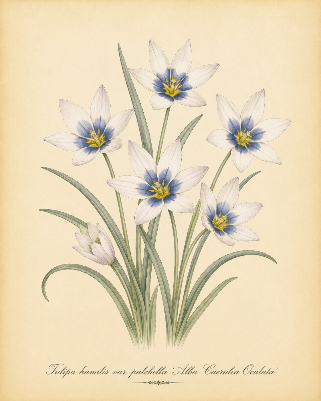 Eine botanische Illustration von Tulipa humilis var. pulchella ‚Alba Caerulea Oculata‘ – Wildtulpe von Weijers, die weiße Blüten mit blauen Mittelpunkten und gelben Akzenten sowie grüne Stiele und Blätter vor einem hellbeigen Hintergrund mit kursivem Text am unteren Rand zeigt. Inspiriert von im Iran heimischen Exemplaren.