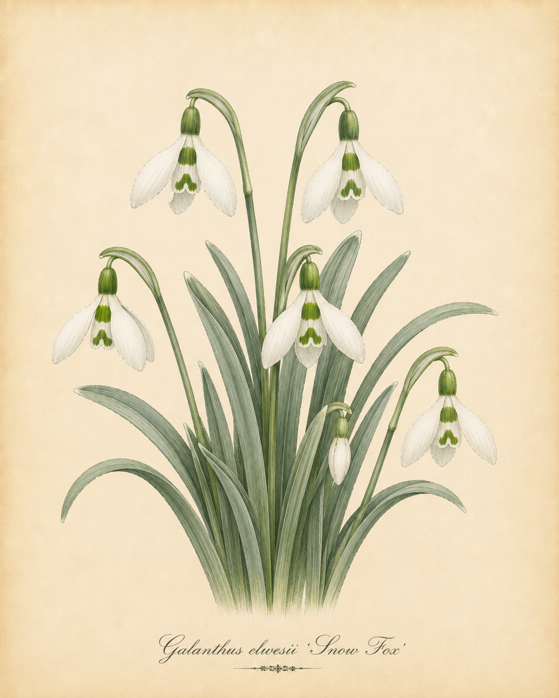 Botanische Illustration von Galanthus elwesii ‚Snow Fox‘ – Schneeglöckchen von Weijers, die Schneeglöckchenblüten mit schlanken grünen Blättern und einer weißen Blüte mit herabhängenden Blütenblättern vor einem beigen Hintergrund zeigt. Unterhalb des Bildes steht der Text „Galanthus elwesii ‚Snow Fox‘ – Schneeglöckchen“. Diese früh blühende Sorte von Weijers wird als wahrer Schattenschatz für Gärten im frühen Frühling geschätzt.