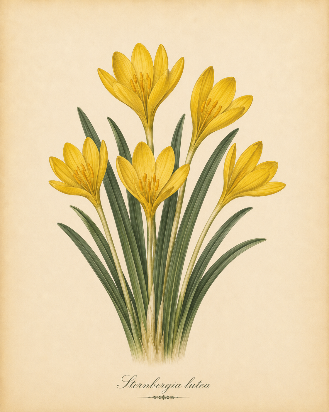 Botanische Illustration von Sternbergia lutea – Herbst-Goldbecher von Weijers, die mehrere goldgelbe Blüten mit langen, schlanken grünen Blättern vor einem neutralen Hintergrund zeigt; die krokusähnlichen Blüten sind insektenfreundlich und ähneln leuchtend gelben Krokussen.