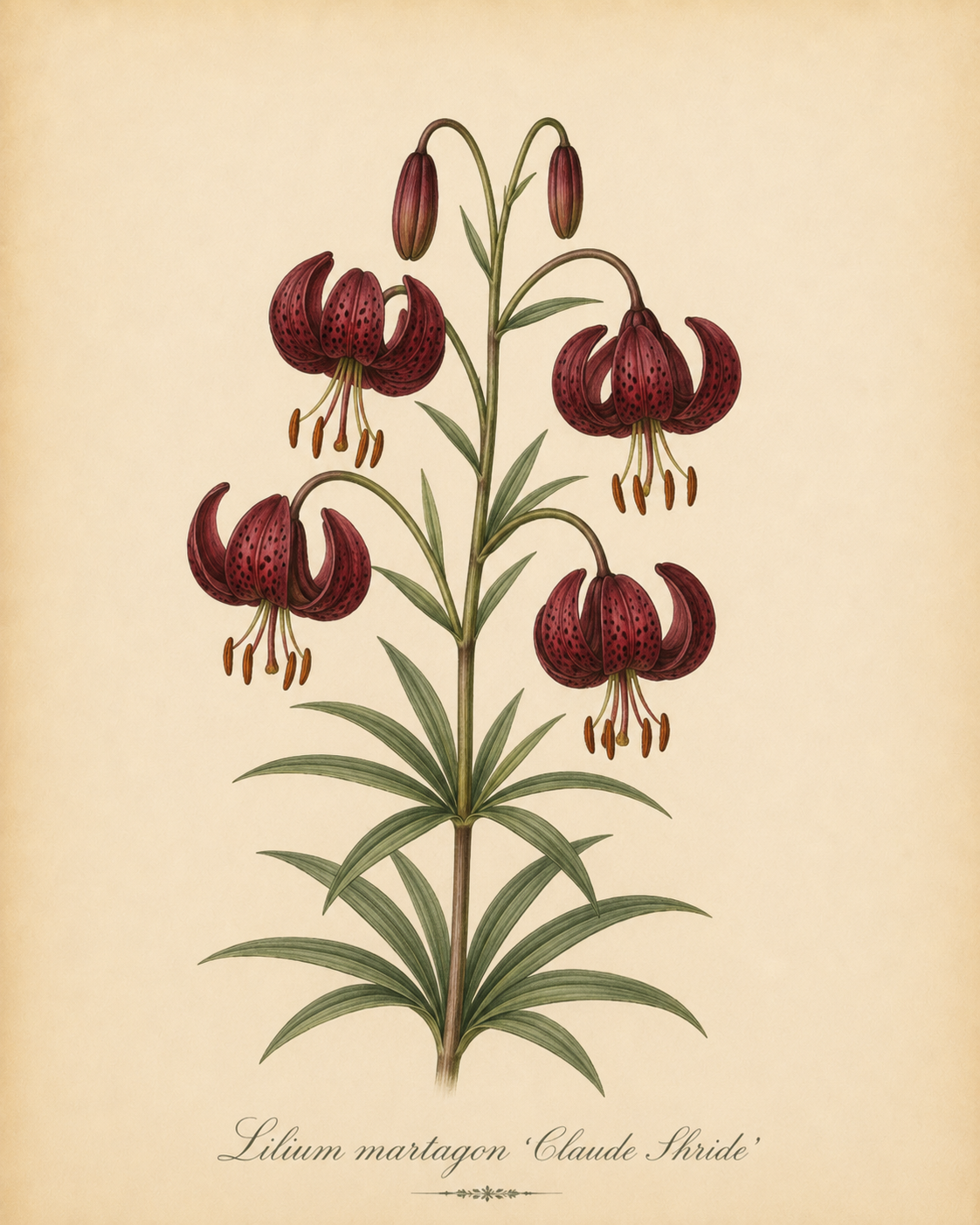 Botanische Illustration der Verberghe-Lilie Lilium martagon ‚Claude Shride‘, einer Türkenbund-Hybride, die ihre dunkelroten, gesprenkelten und nach unten gerichteten Blüten sowie ihre schlanken grünen Blätter vor einem beigen Hintergrund zeigt. Diese insektenfreundliche Sorte gedeiht am besten in humusreichem Boden.