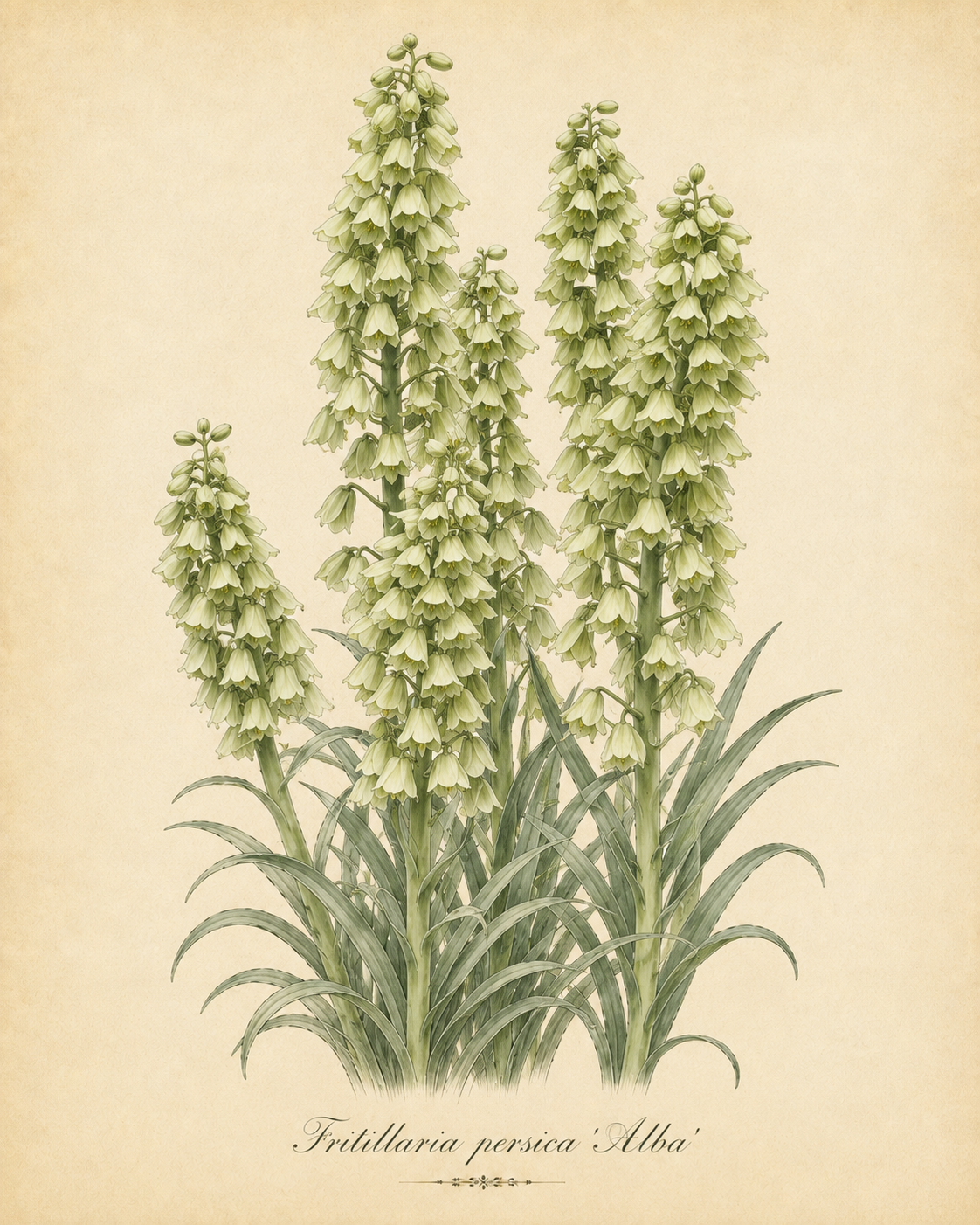 Botanische Illustration von Fritillaria persica ‚Alba‘ – Persische Kaiserkrone von Weijers, die hohe grüne Stiele, Büschel eleganter grünlich-weißer, glockenförmiger Blüten und lange, schlanke Blätter vor einem beigen Hintergrund zeigt. Ideal für einen sonnigen Standort; diese Pflanze begeistert mit ihrer Blütezeit im April.