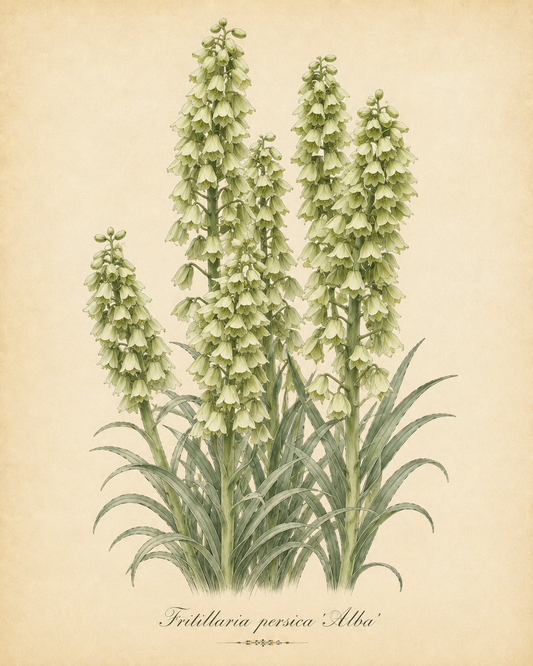 Botanische Illustration von Fritillaria persica ‚Alba‘ – Persische Kaiserkrone von Weijers, die hohe grüne Stiele, Büschel eleganter grünlich-weißer, glockenförmiger Blüten und lange, schlanke Blätter vor einem beigen Hintergrund zeigt. Ideal für einen sonnigen Standort; diese Pflanze begeistert mit ihrer Blütezeit im April.