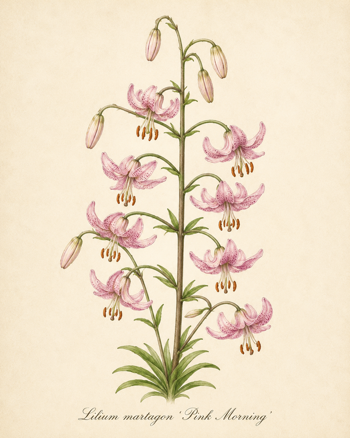Botanische Illustration einer hochwachsenden Lilium martagon ‚Pink Morning‘ – Türkenbund-Hybride von Sam van Schooten, mit zahlreichen rosa, insektenfreundlichen Lilienblüten und Knospen, die sich entlang eines zentralen grünen Stiels mit üppigen grünen Grundblättern gruppieren. Die zartrosa Blüten gedeihen in humusreichem Boden. Dargestellt vor einem cremefarbenen Hintergrund mit einem handgeschriebenen Etikett.