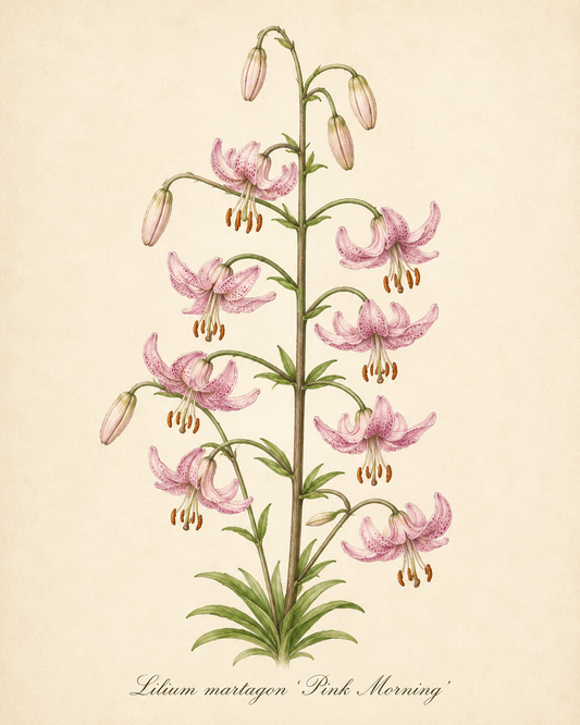 Botanische Illustration einer hochwachsenden Lilium martagon ‚Pink Morning‘ – Türkenbund-Hybride von Sam van Schooten, mit zahlreichen rosa, insektenfreundlichen Lilienblüten und Knospen, die sich entlang eines zentralen grünen Stiels mit üppigen grünen Grundblättern gruppieren. Die zartrosa Blüten gedeihen in humusreichem Boden. Dargestellt vor einem cremefarbenen Hintergrund mit einem handgeschriebenen Etikett.